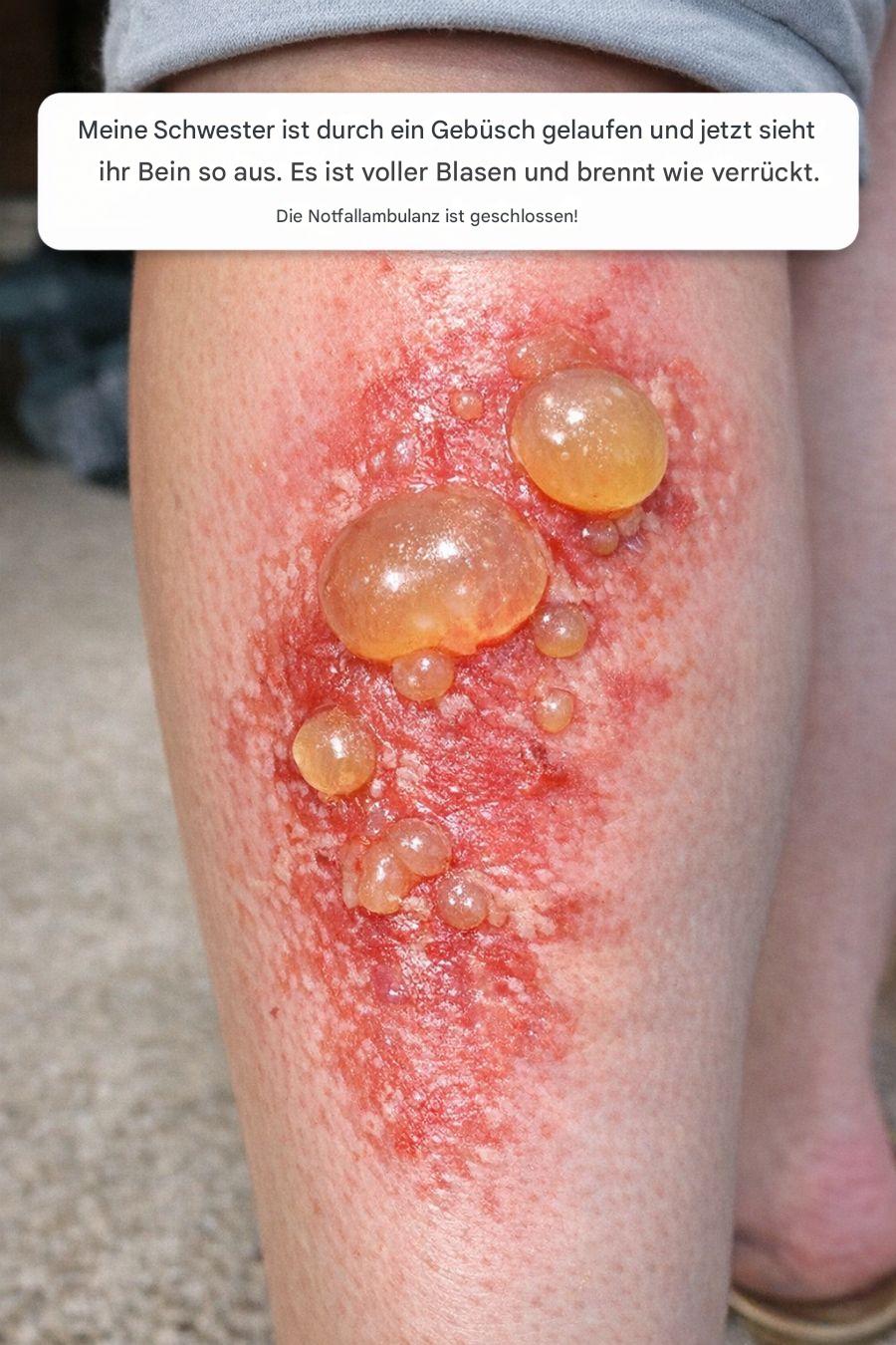 Meine Schwester ist durchs Gebüsch gelaufen, und jetzt sieht ihr Bein so aus. Es ist voller Blasen und brennt wie verrückt. Die Notfallambulanz hat geschlossen! - BuzzDay